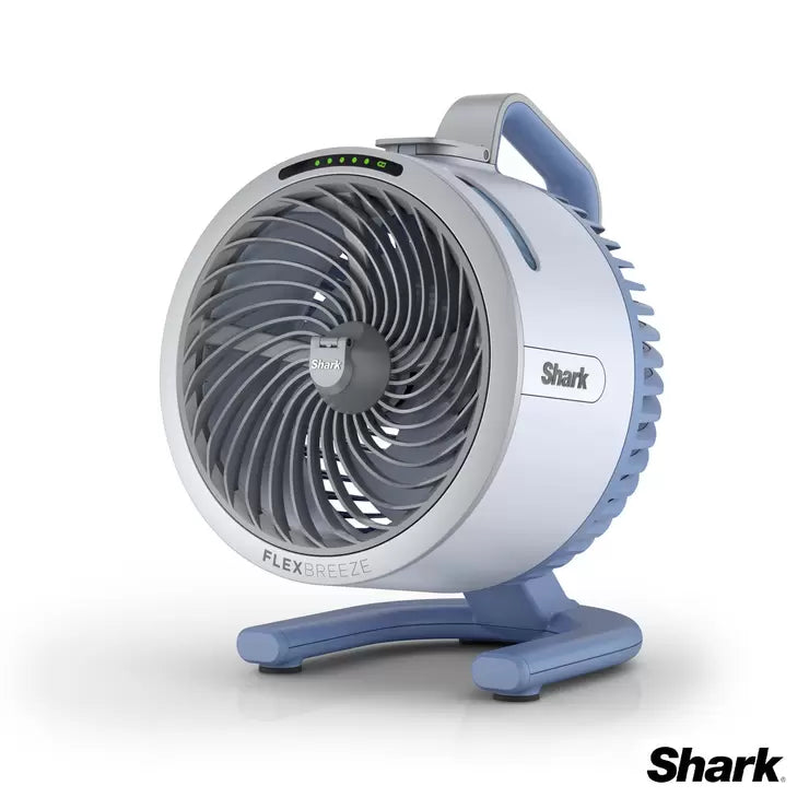 Shark FlexBreeze HydroGo misting fan in Glacier Blue finish, placed on a patio table to demonstrate portable outdoor cooling.
