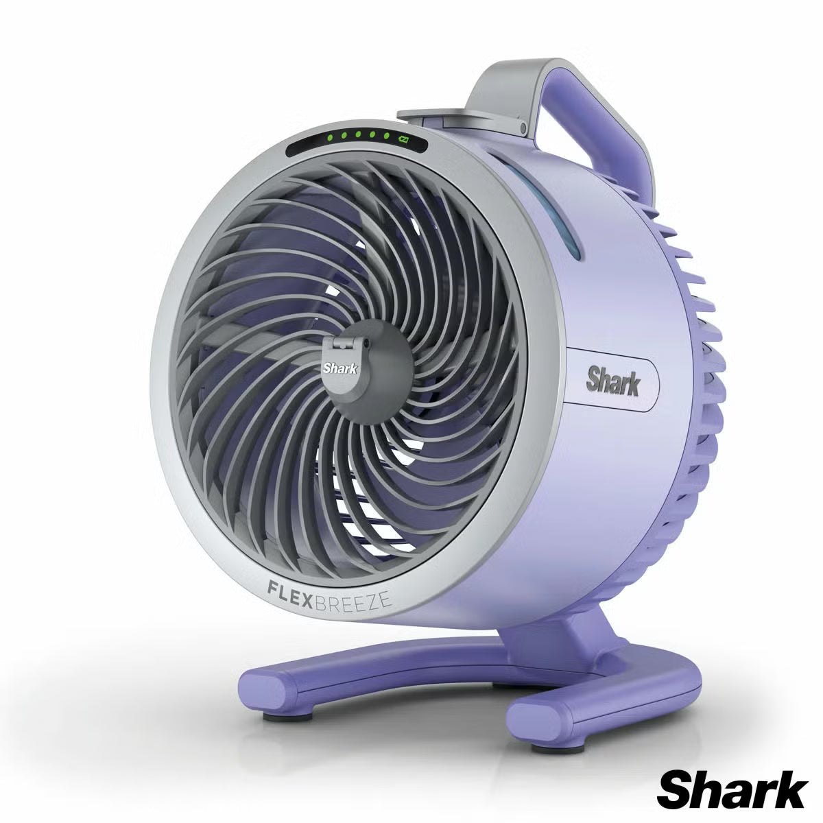 Front three-quarter view of the compact lilac Shark FlexBreeze HydroGo misting fan sitting on a garden table blowing a fine cooling mist.