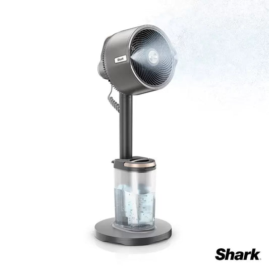 Shark FA300UK FlexBreeze Pro misting system in charcoal grey, shown operating on a patio to provide cooling relief.