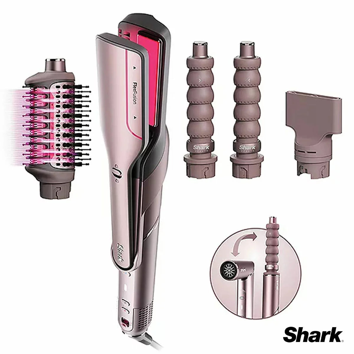 Shark FlexFusion Straight unit in a sleek finish, displayed alongside the Fusion Straightener, Fusion Brush, Auto-Wrap Curlers, and Styling Concentrator attachments.