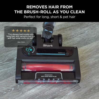 Front angle view of the charcoal grey and copper Shark IZ400UKT Stratos cordless vacuum standing on a wooden floor alongside pet accessories.