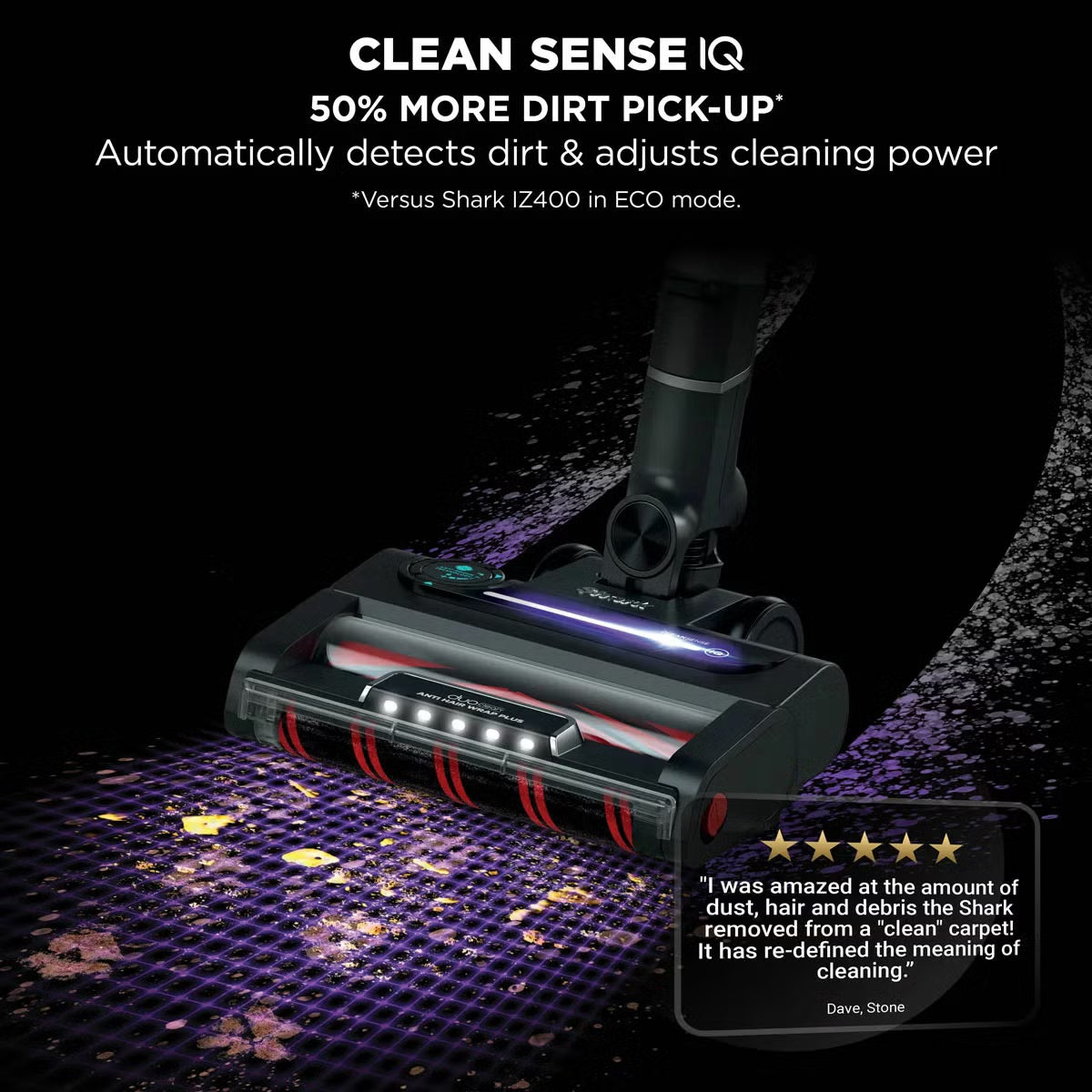Front angle view of the charcoal grey and copper Shark IZ400UKT Stratos cordless vacuum standing on a wooden floor alongside pet accessories.