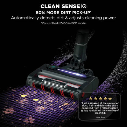 Front angle view of the charcoal grey and copper Shark IZ400UKT Stratos cordless vacuum standing on a wooden floor alongside pet accessories.