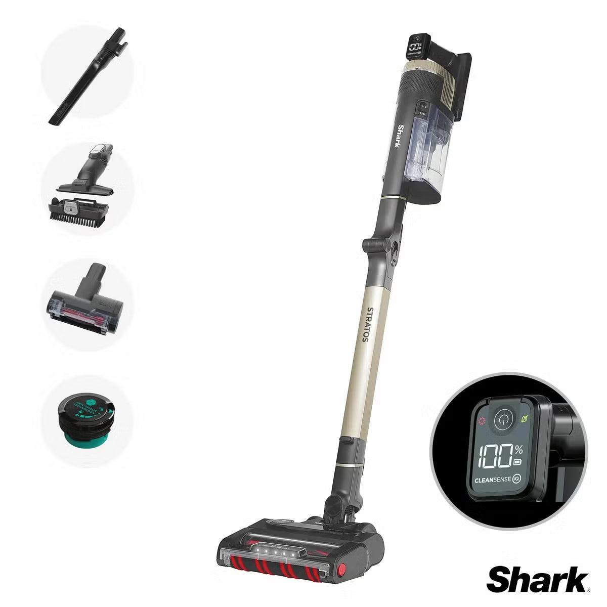 Front angle view of the charcoal grey and copper Shark IZ400UKT Stratos cordless vacuum standing on a wooden floor alongside pet accessories.