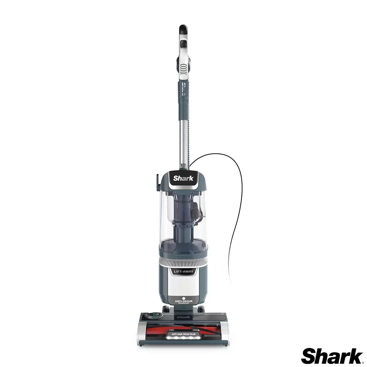 Front view of the Navy Shark Anti Hair Wrap Plus upright pet vacuum standing upright on light wood flooring in a modern living room setting.