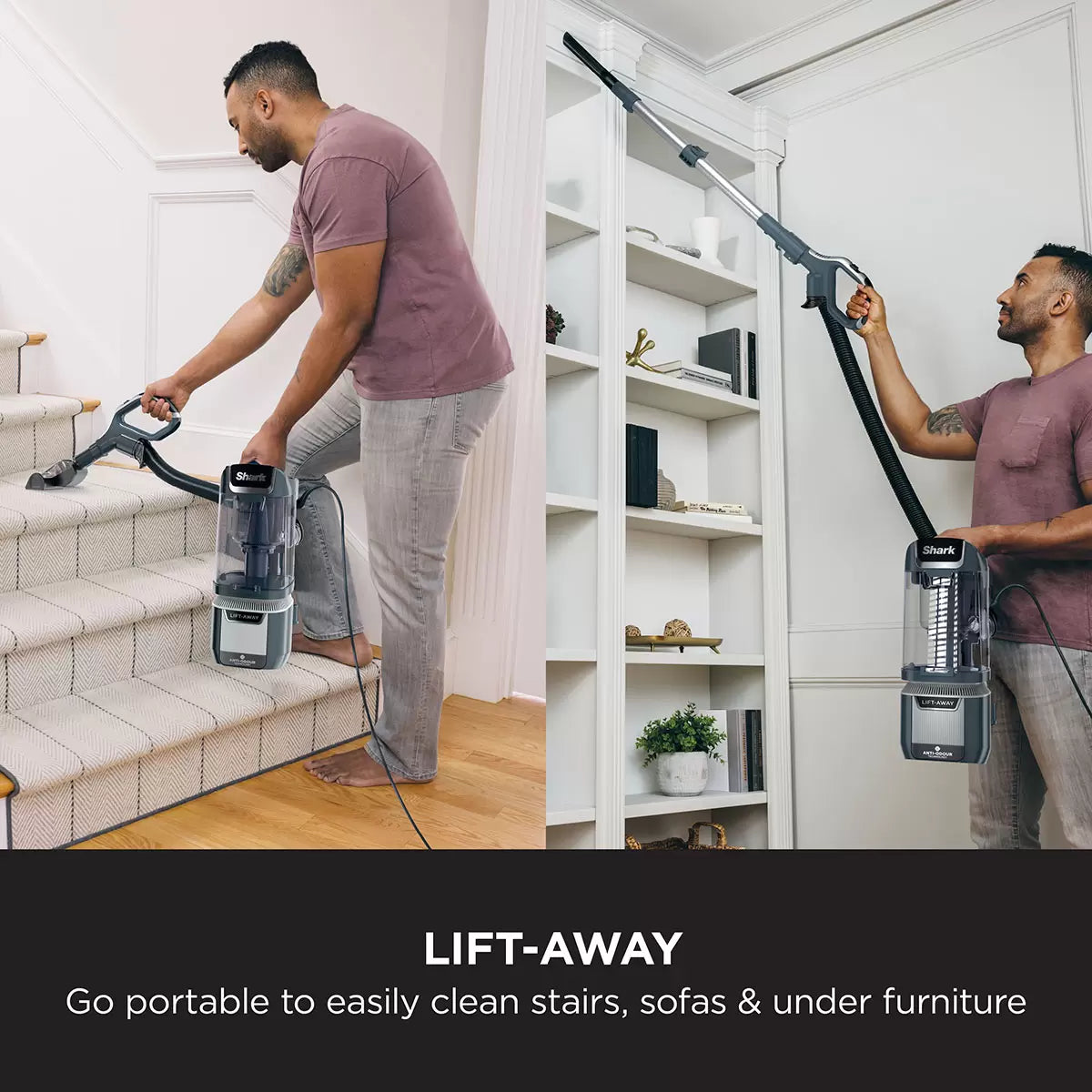 Front view of the Navy Shark Anti Hair Wrap Plus upright pet vacuum standing upright on light wood flooring in a modern living room setting.
