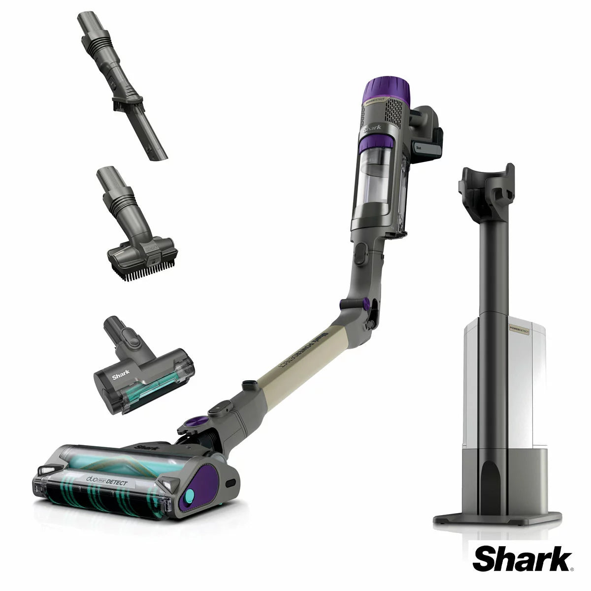 Front view of the dark teal Shark PowerDetect IP3251UKT cordless vacuum cleaner docked on its upright auto-empty charging base in a modern living room setting.