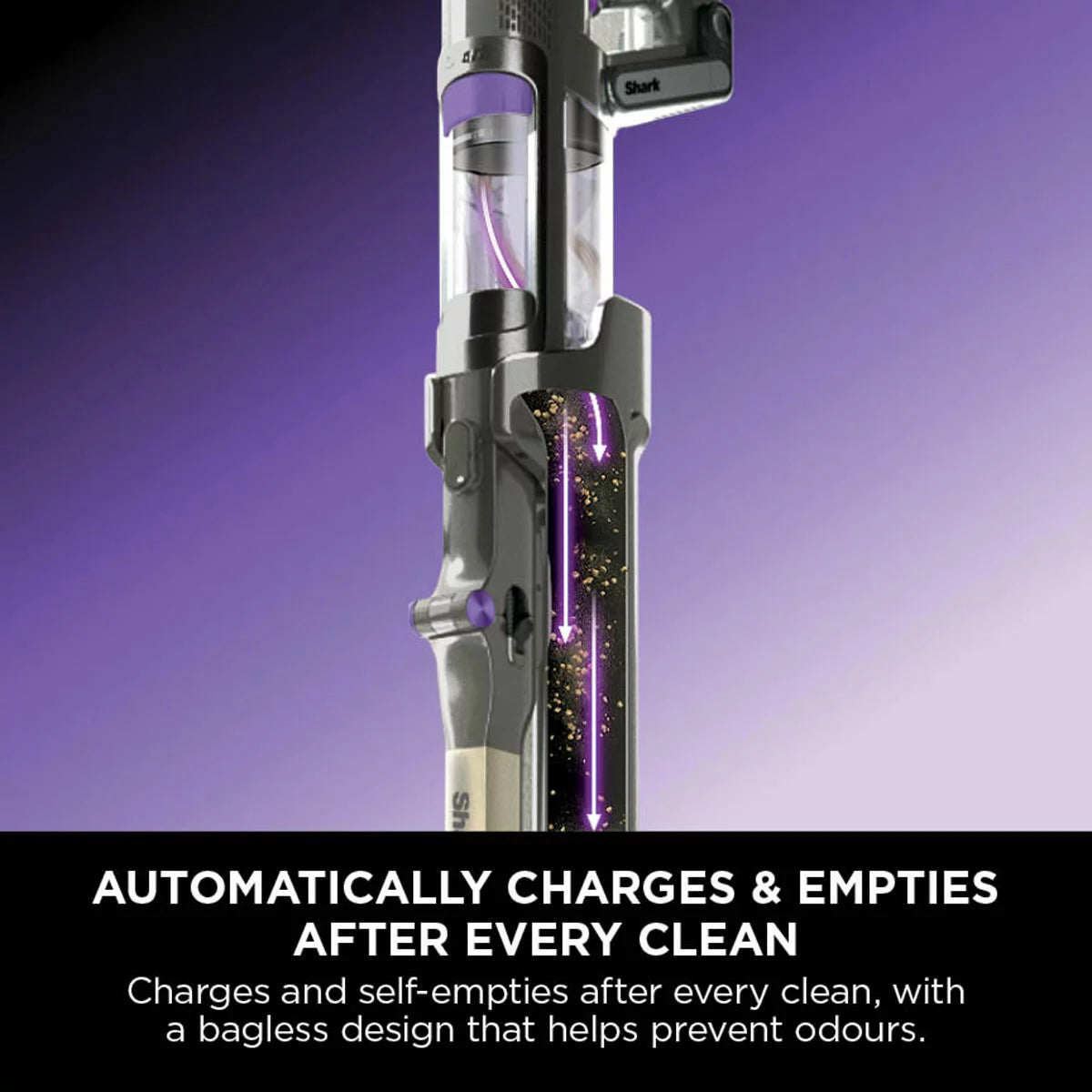 Front view of the dark teal Shark PowerDetect IP3251UKT cordless vacuum cleaner docked on its upright auto-empty charging base in a modern living room setting.