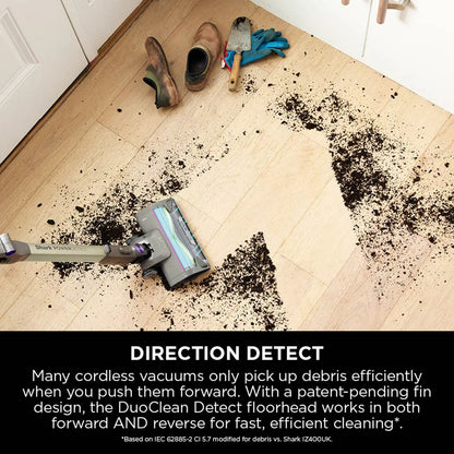 Front view of the dark teal Shark PowerDetect IP3251UKT cordless vacuum cleaner docked on its upright auto-empty charging base in a modern living room setting.