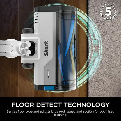 Shark PowerPro Pet Cordless Stick Vacuum IZ380UKT in use on carpet, removing pet hair with Anti Hair Wrap technology and cordless convenience.