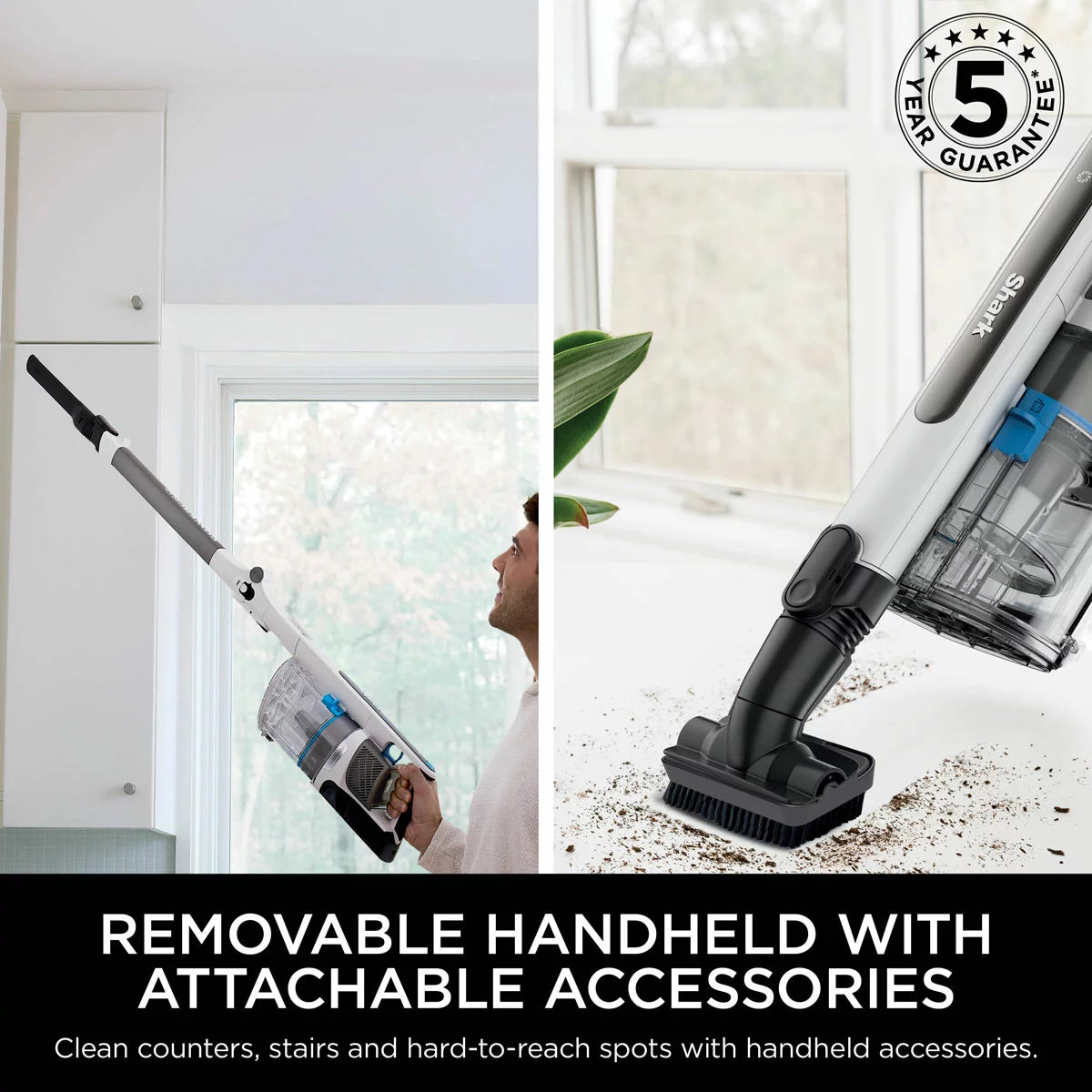 Front angle view of the dark grey Shark PowerPro Pet Cordless Vacuum standing upright on a light wooden floor beside a rug with pet hair accessories attached.