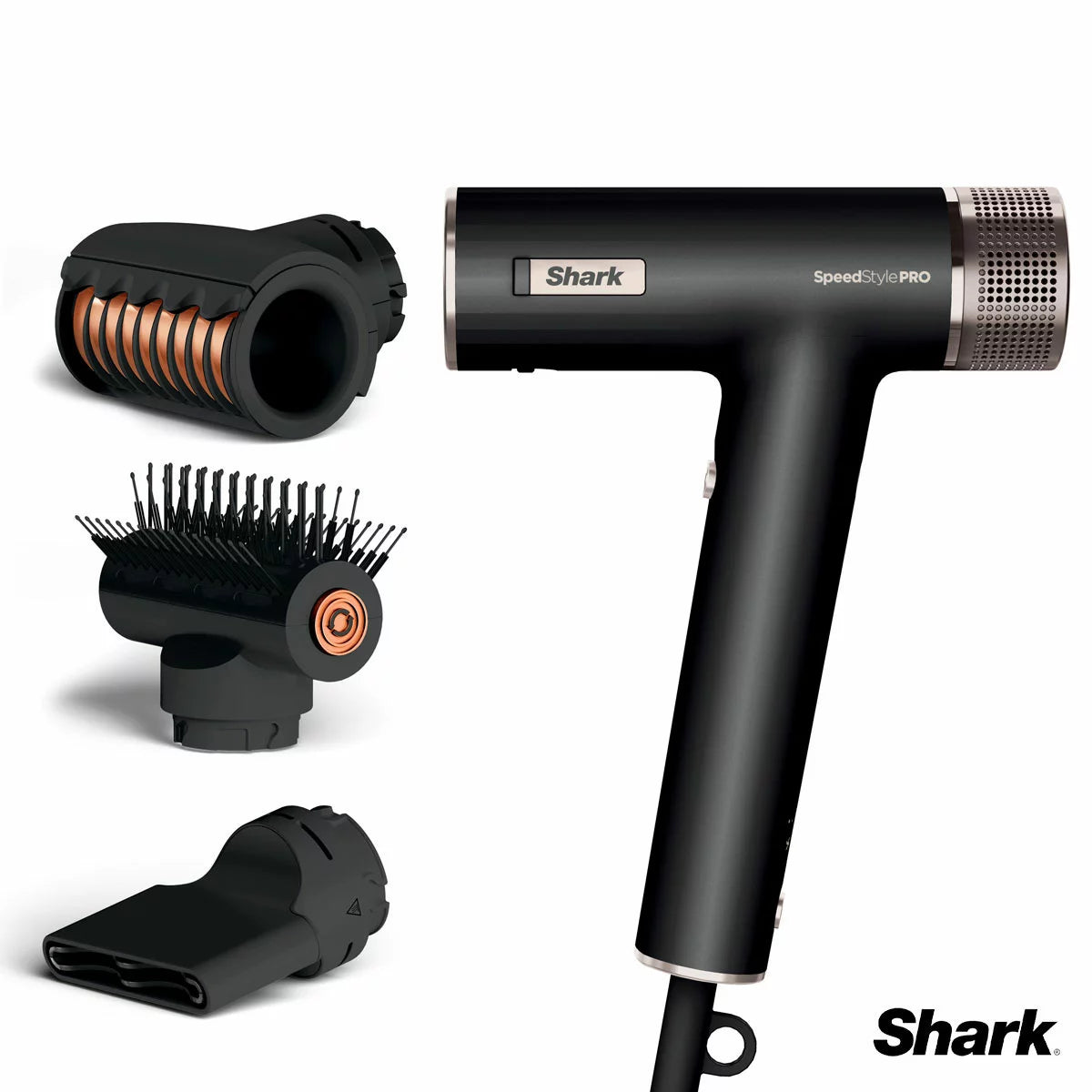 Shark SpeedStyle Pro unit in a professional finish, displayed with the FrizzFighter, QuickSmooth Brush, and Turbo Concentrator attachments.