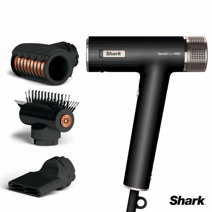Shark SpeedStyle Pro unit in a professional finish, displayed with the FrizzFighter, QuickSmooth Brush, and Turbo Concentrator attachments.
