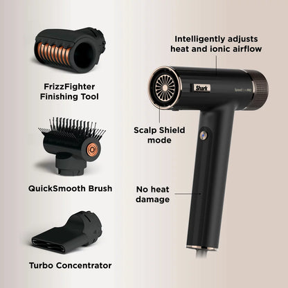 Shark SpeedStyle Pro unit in a professional finish, displayed with the FrizzFighter, QuickSmooth Brush, and Turbo Concentrator attachments.