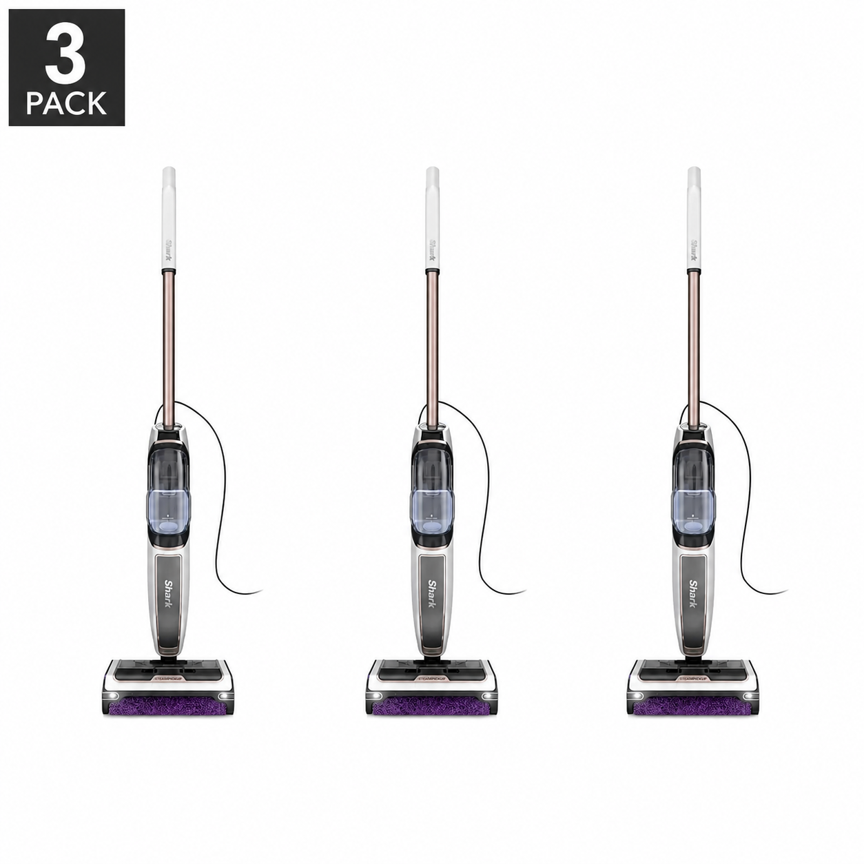 Front view of the dark grey Shark SteamPickUp SD200UK hard floor cleaner standing upright on its storage dock over light wood laminate flooring.