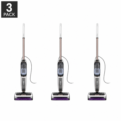 Front view of the dark grey Shark SteamPickUp SD200UK hard floor cleaner standing upright on its storage dock over light wood laminate flooring.