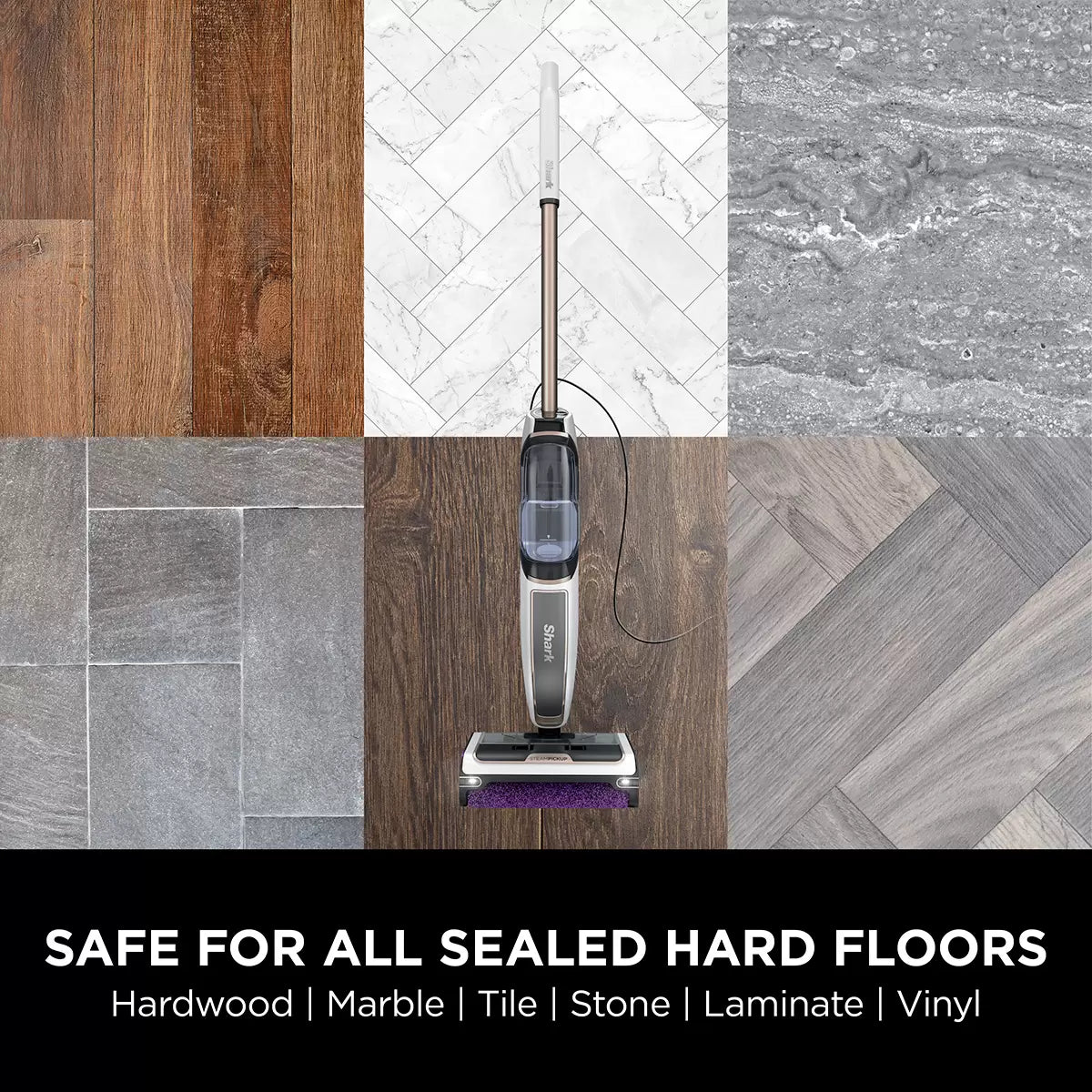 Front view of the dark grey Shark SteamPickUp SD200UK hard floor cleaner standing upright on its storage dock over light wood laminate flooring.