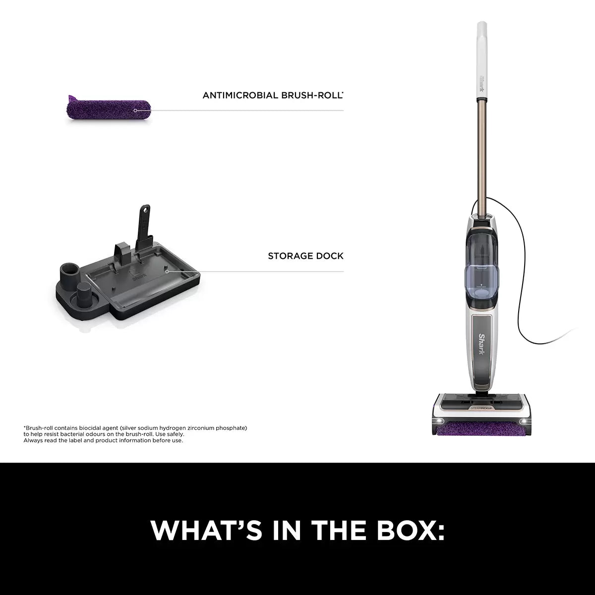 Front view of the dark grey Shark SteamPickUp SD200UK hard floor cleaner standing upright on its storage dock over light wood laminate flooring.