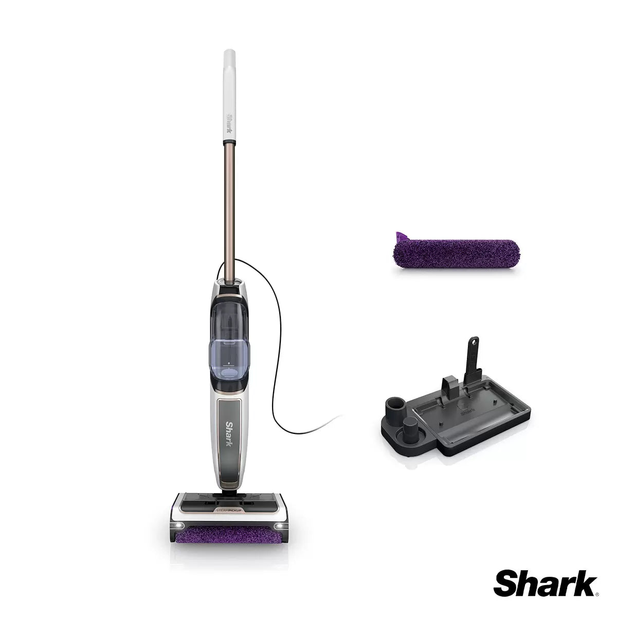 Front view of the dark grey Shark SteamPickUp SD200UK hard floor cleaner standing upright on its storage dock over light wood laminate flooring.