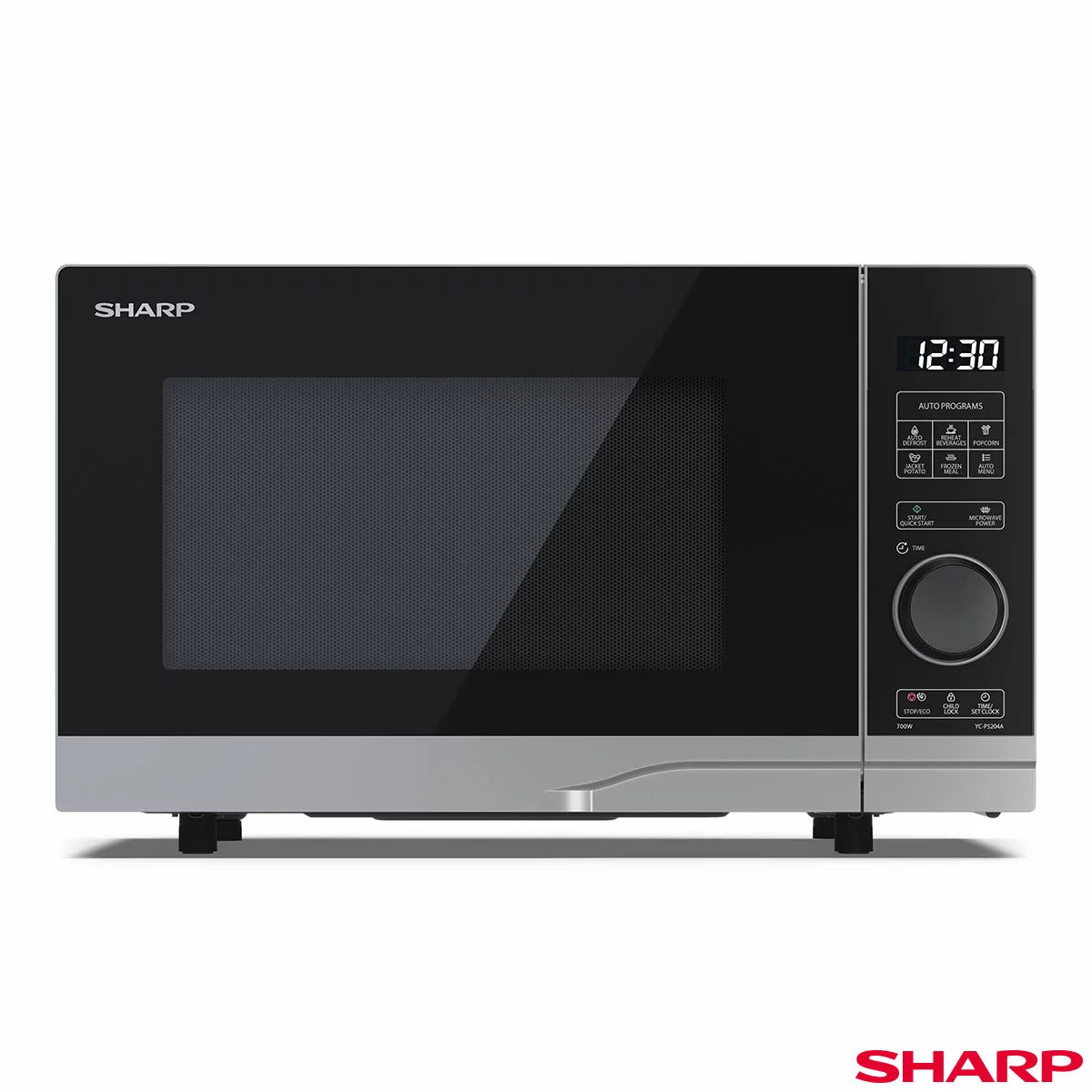 Silver Sharp YC-PS204AU-S 20-litre solo digital microwave showing clean front panel, glass door, and digital display on a modern kitchen counter.