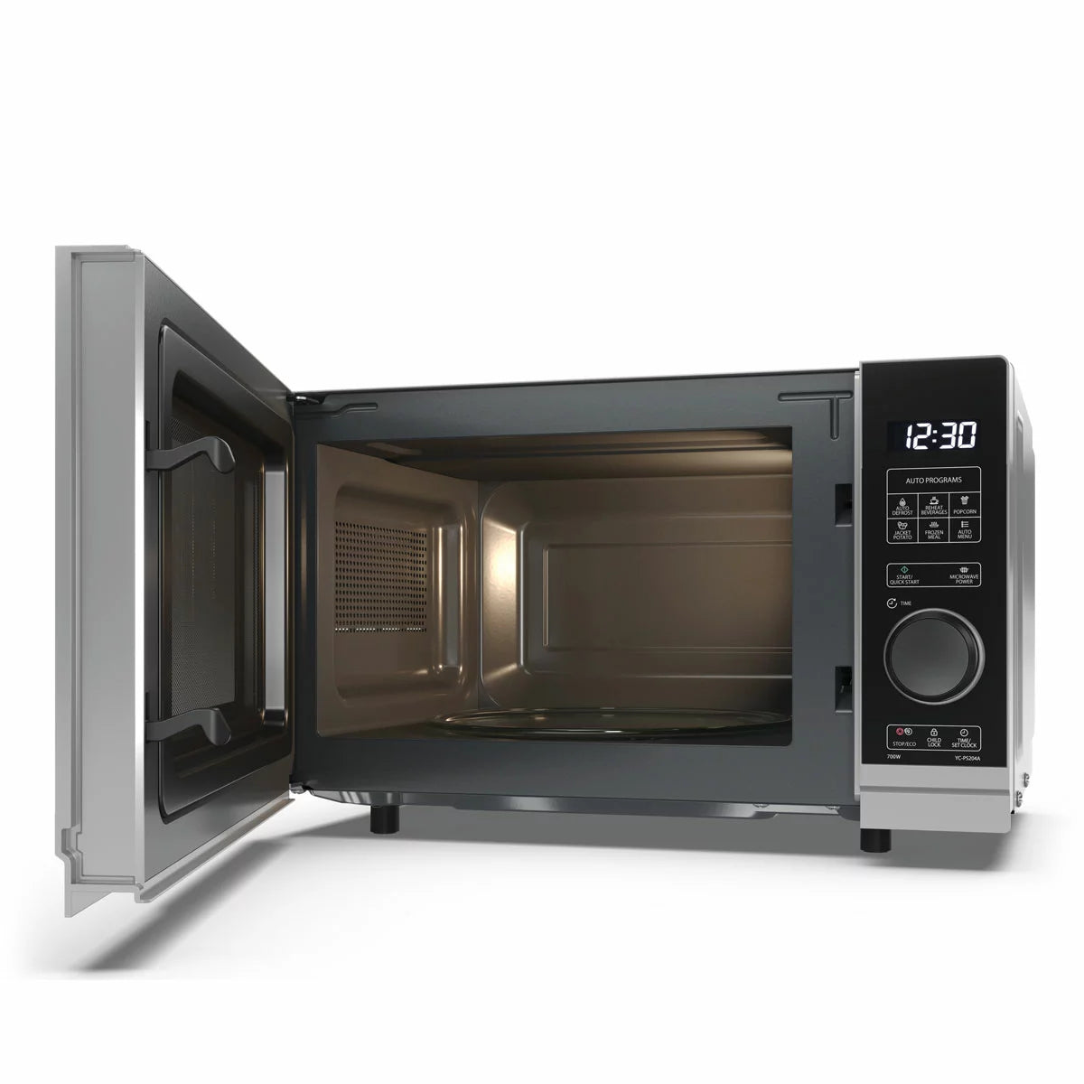 Silver Sharp YC-PS204AU-S 20-litre solo digital microwave showing clean front panel, glass door, and digital display on a modern kitchen counter.