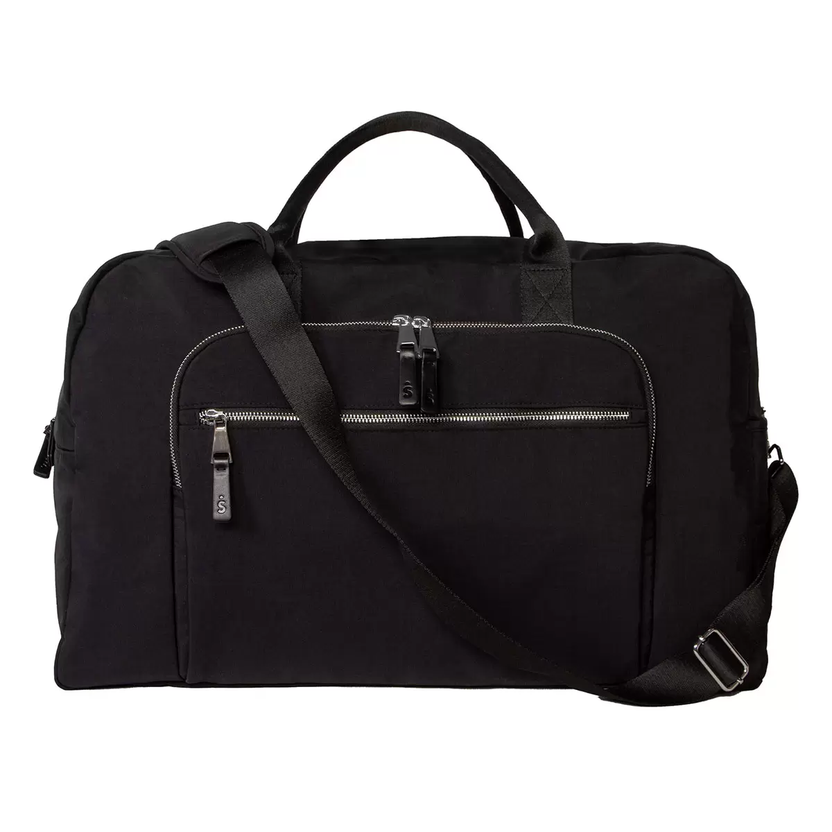 Side view of the water-repellent Shed Rain Weekender Bag showing its textured recycled nylon, exterior zip pockets, and attached trolley sleeve.