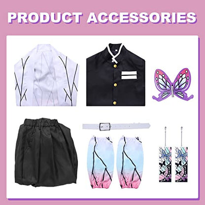 Full view of the Kochou Shinobu cosplay set featuring the purple gradient butterfly haori jacket, black uniform pants, white leg wraps, and butterfly hair clip laid out on a plain surface.