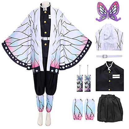 Full view of the Kochou Shinobu cosplay set featuring the purple gradient butterfly haori jacket, black uniform pants, white leg wraps, and butterfly hair clip laid out on a plain surface.