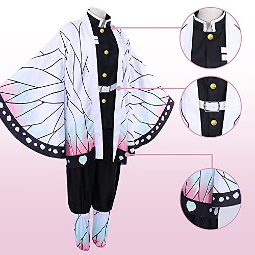 Full view of the Kochou Shinobu cosplay set featuring the purple gradient butterfly haori jacket, black uniform pants, white leg wraps, and butterfly hair clip laid out on a plain surface.