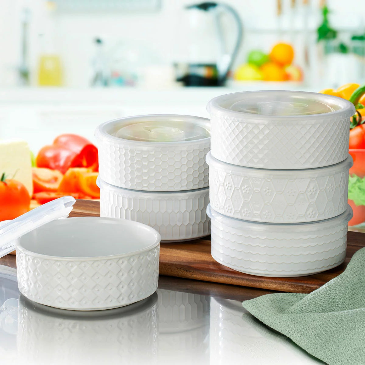 Signature Stoneware Bowls with Lids 6 Pack in two colours for food storage and serving