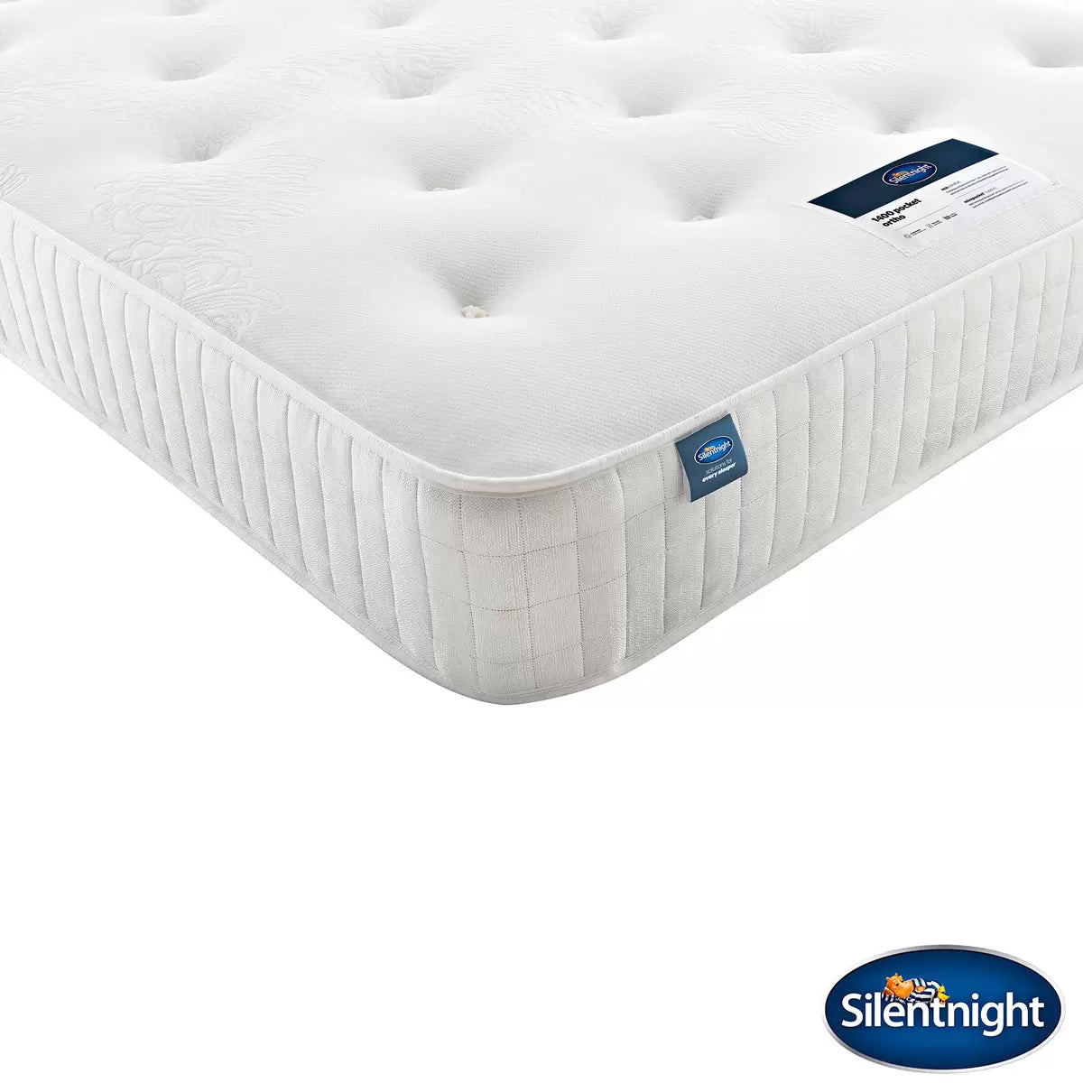 A high-angle close-up of the Silentnight 1400 Pocket Ortho Single Mattress, showcasing its clean white hand-tufted soft-knit surface and 25.5 cm deep profile on a modern wooden bed frame.