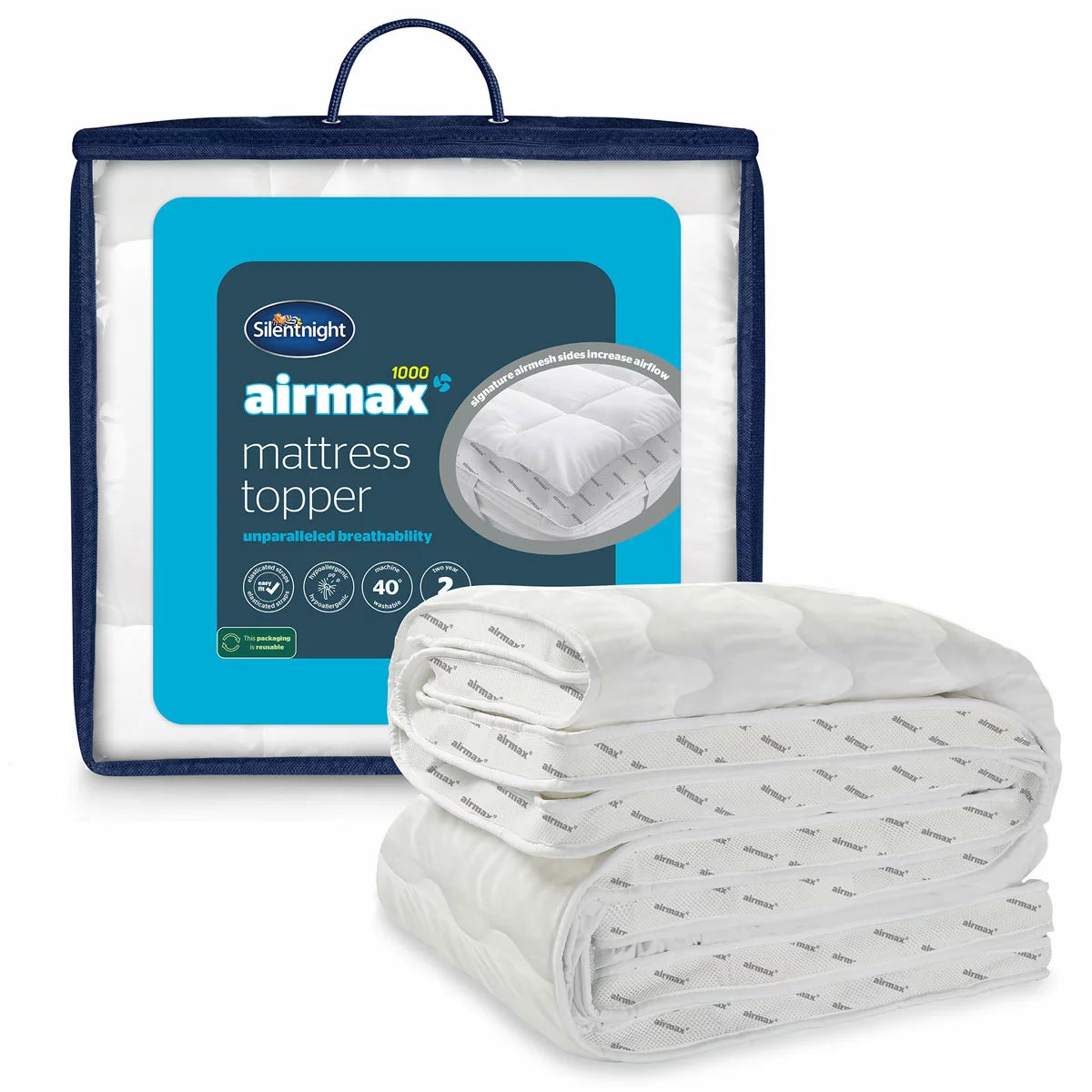 Silentnight Airmax 1000 Mattress Topper fitted on a modern bed with visible breathable mesh trim and elastic corner straps in a bright bedroom setting.
