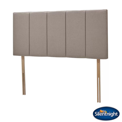 Front view of the 5-panel Silentnight Brescia headboard upholstered in textured sandstone fabric mounted on a divan bed.