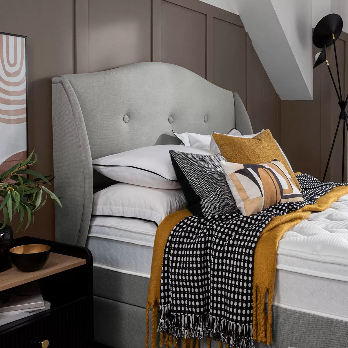 Silentnight Camden full height headboard in slate grey fabric featuring deep buttoned upholstery detail positioned in a modern bedroom setting.