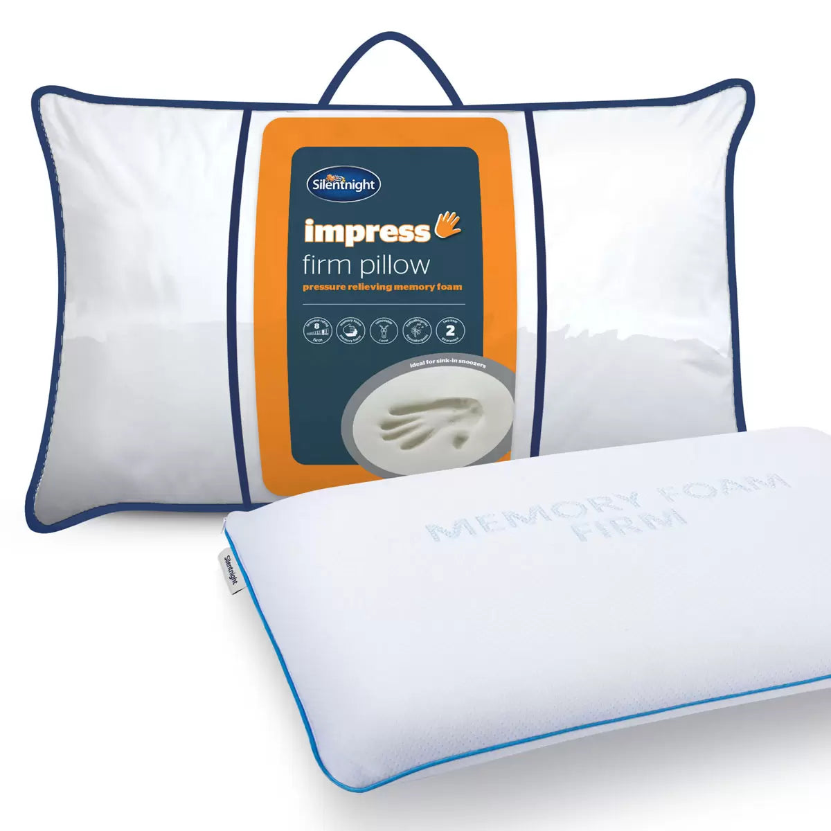 White Silentnight Impress firm memory foam pillow with textured removable cover shown at a three-quarter angle on a modern bed.