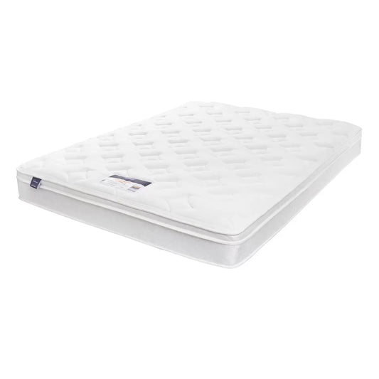 Silentnight Miracoil Memory Cushion Top Mattress in white fabric with tufted memory foam layer displayed on a modern wooden bed frame.