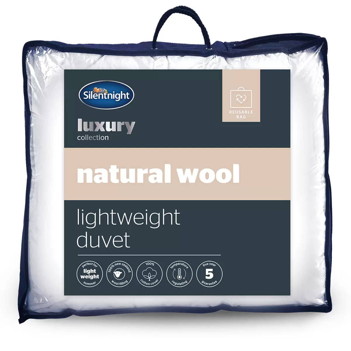 Flat-lay image of the white Silentnight natural wool double duvet with soft 100% cotton stitching resting on a neatly dressed wooden bed.
