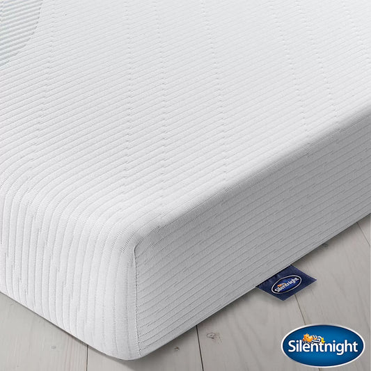 Silentnight Now 5 Zone Memory Foam Mattress unrolled on a wooden bed frame showing blue-accented zoned top fabric in a modern bedroom setup.