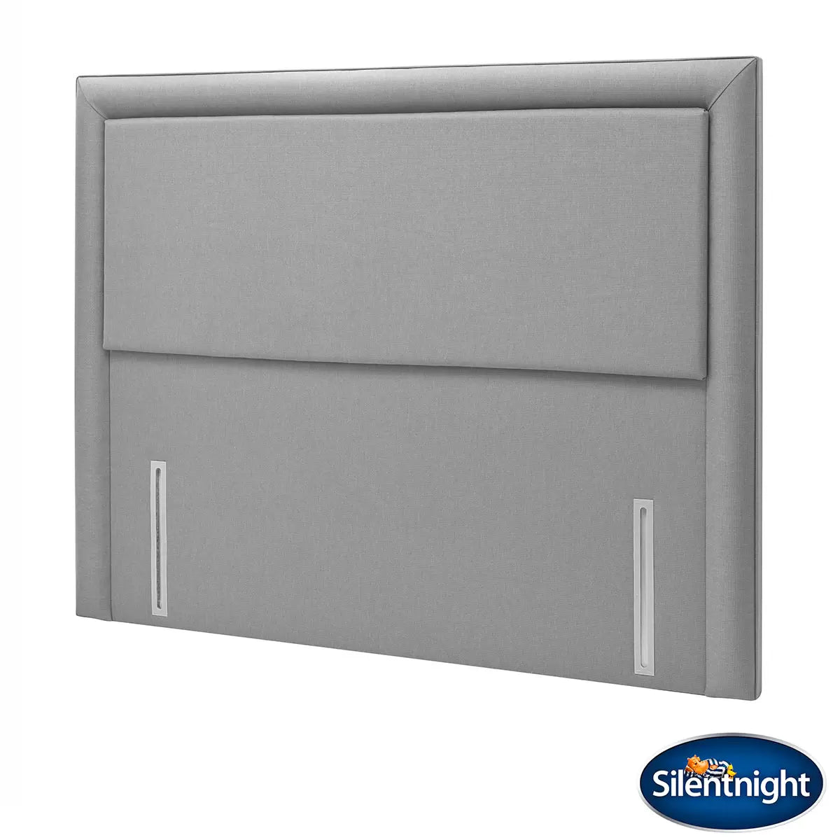Front view of the slate grey Silentnight Palermo full height fabric headboard with a minimalist bordered frame installed behind a neatly made bed in a contemporary modern bedroom setting.