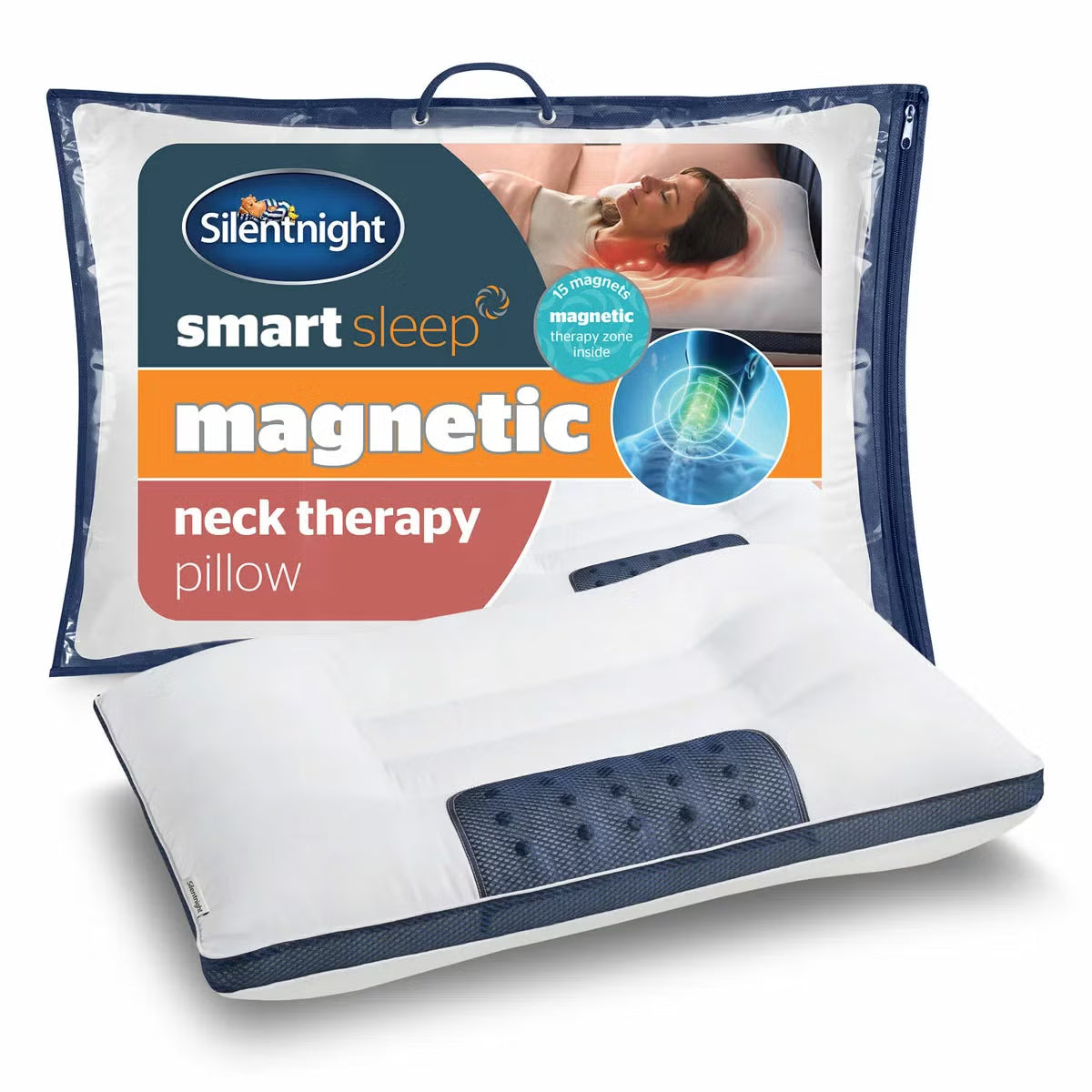 White contoured Silentnight Smart Sleep Magnetic Neck Therapy Pillow with microfibre cover resting on a contemporary bed.
