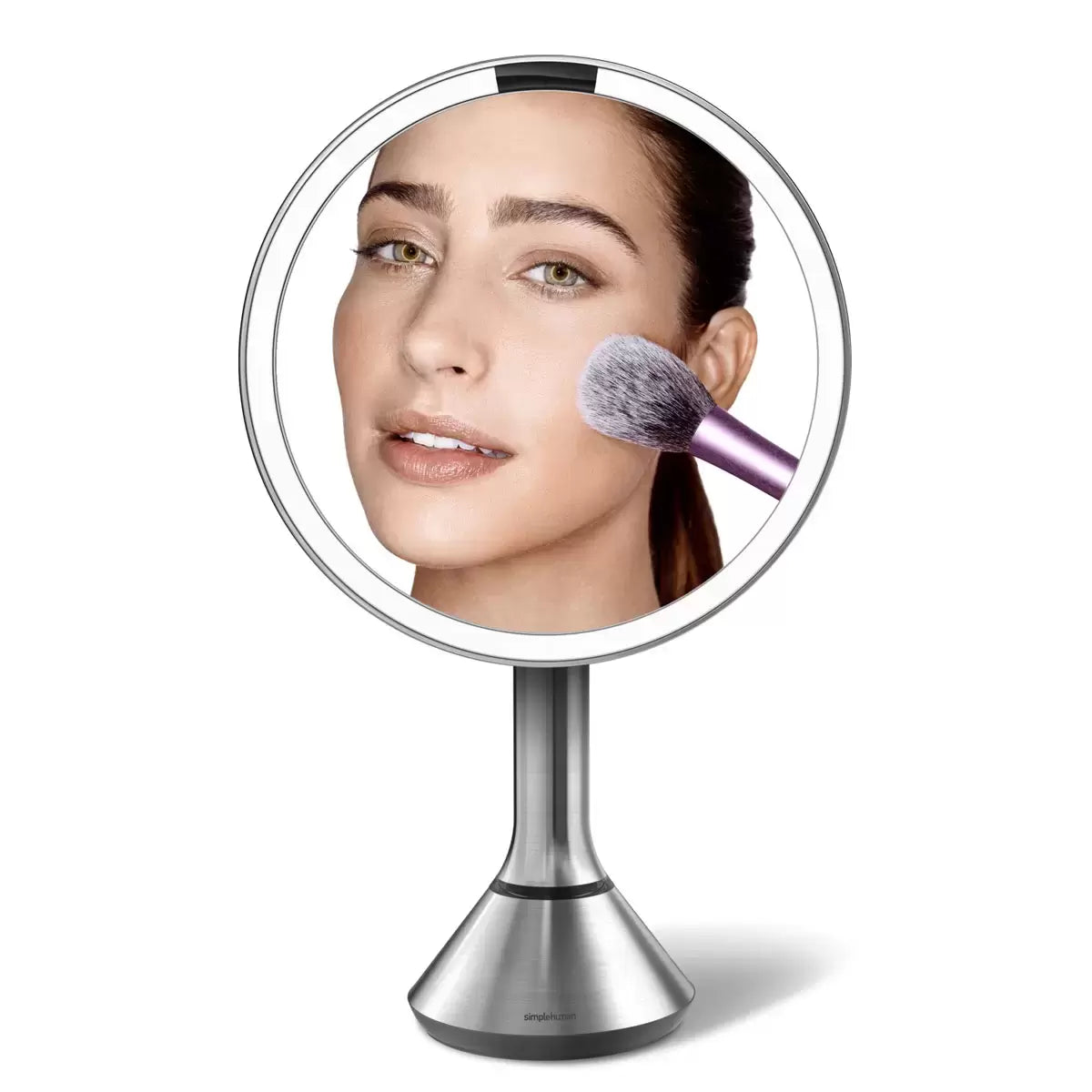 Simplehuman 8-inch Round Sensor Mirror with the 10x detail attachment in place, showcasing its sleek, cordless design.