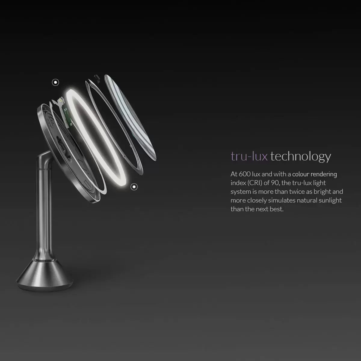 Simplehuman 8-inch Round Sensor Mirror with the 10x detail attachment in place, showcasing its sleek, cordless design.
