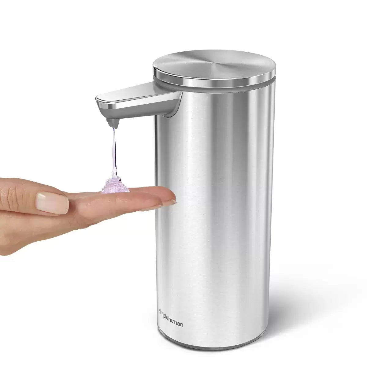 Two Simplehuman motion sensor soap pumps displayed on a clean modern countertop, showcasing their sleek finish and convenient touch-free design.