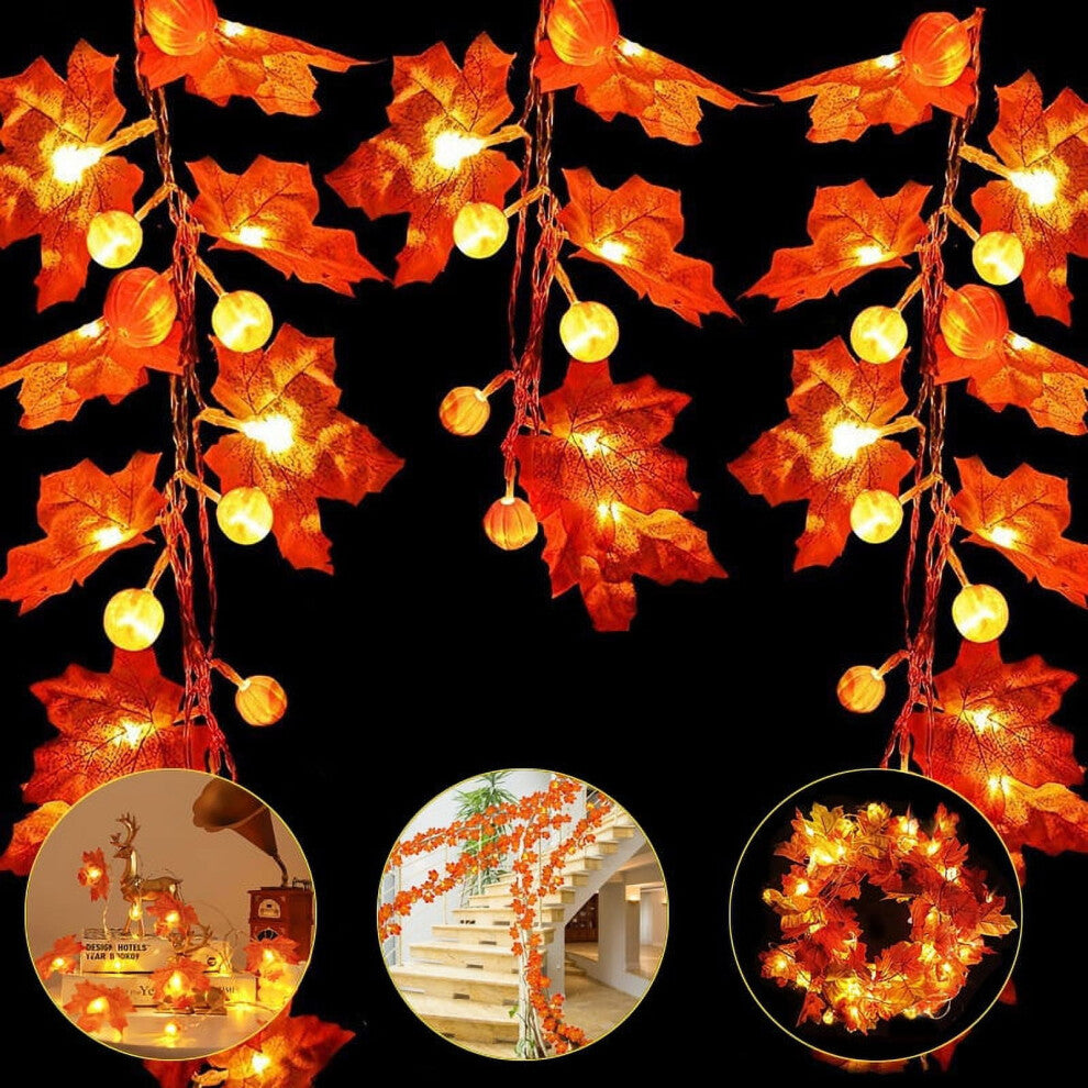 A 19.68ft Sinhoon pumpkin and maple leaf string light glowing with warm LEDs across a festive autumn mantelpiece.