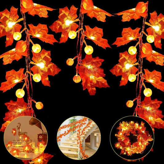 A 19.68ft Sinhoon pumpkin and maple leaf string light glowing with warm LEDs across a festive autumn mantelpiece.