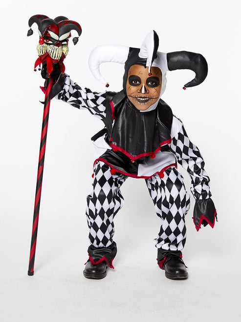 Full-length photo of the Sinister Jester Clown costume showing monochrome diamond trousers, skeleton tunic, waist sash, eerie red-eyed mask, and bell-topped hat.