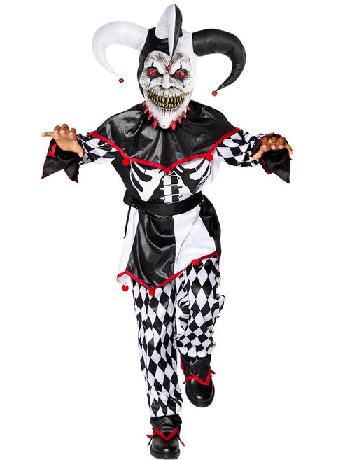Full-length photo of the Sinister Jester Clown costume showing monochrome diamond trousers, skeleton tunic, waist sash, eerie red-eyed mask, and bell-topped hat.