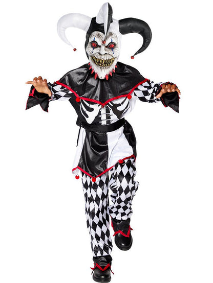 Full-length photo of the Sinister Jester Clown costume showing monochrome diamond trousers, skeleton tunic, waist sash, eerie red-eyed mask, and bell-topped hat.