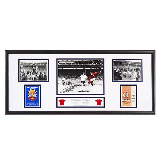 Elite Store Sir Geoff Hurst autographed 1966 Wembley victory framed football memorabilia display.