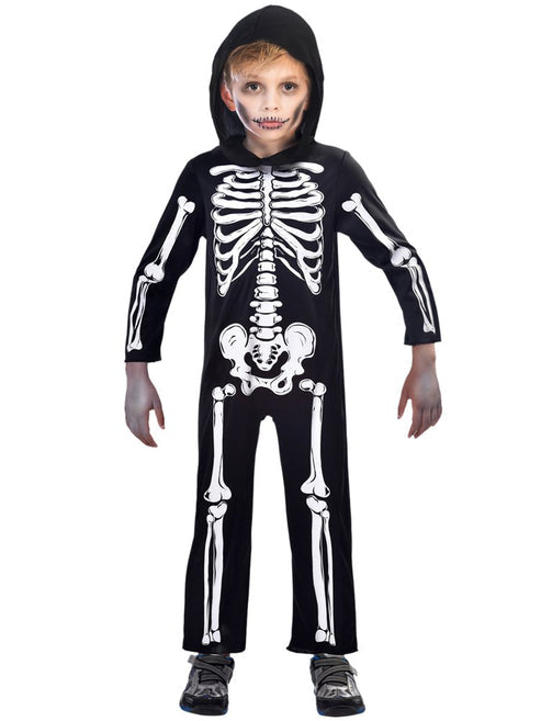 Front view of a child wearing a black hooded skeleton jumpsuit with printed white bones standing against a plain background.